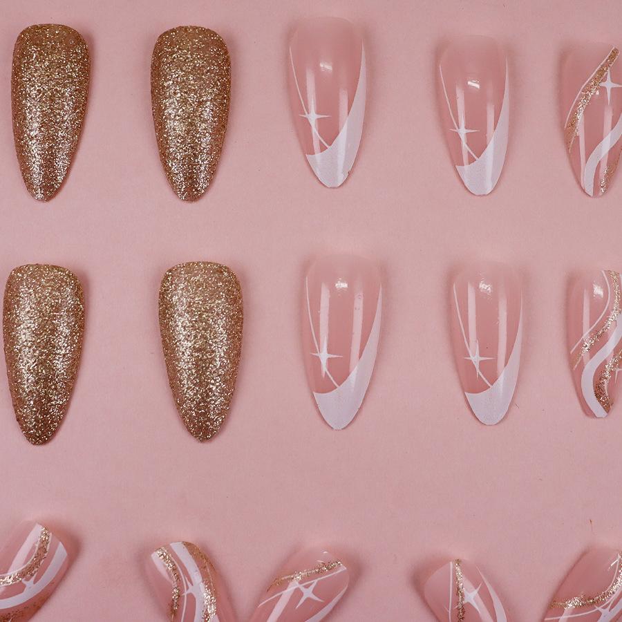 24 шт. миндалевидных ногтей с французским гофрированным блестящим узором, милые и модные, белые накладные ногти в виде доспехов