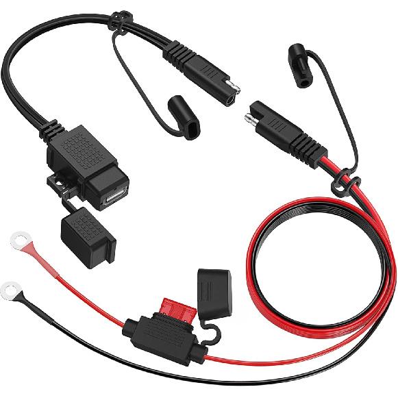 MICTUNING Motorcycle USB Charger,SAE To USB Cable Adapter SAE Quick Disconnect 2.1A Waterproof USB Port With Inline Fuse, Socket Cable 12V-24V For