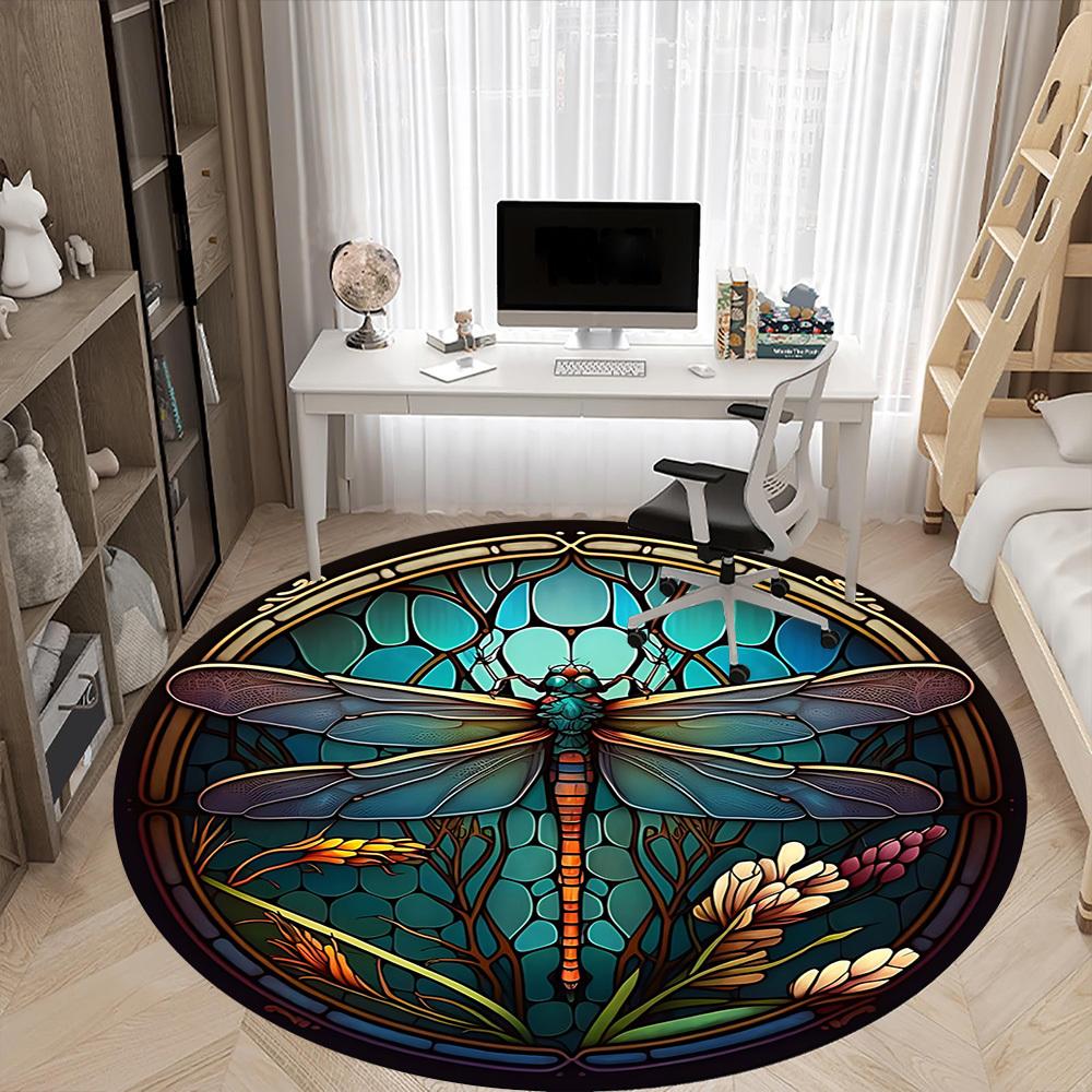 1PC Dragonfly StainedGlass Office Round Area Rug,  Mat Suitable ForOffice, Under Office Chairs Bedroom Living Room Home Decor, Room Deco