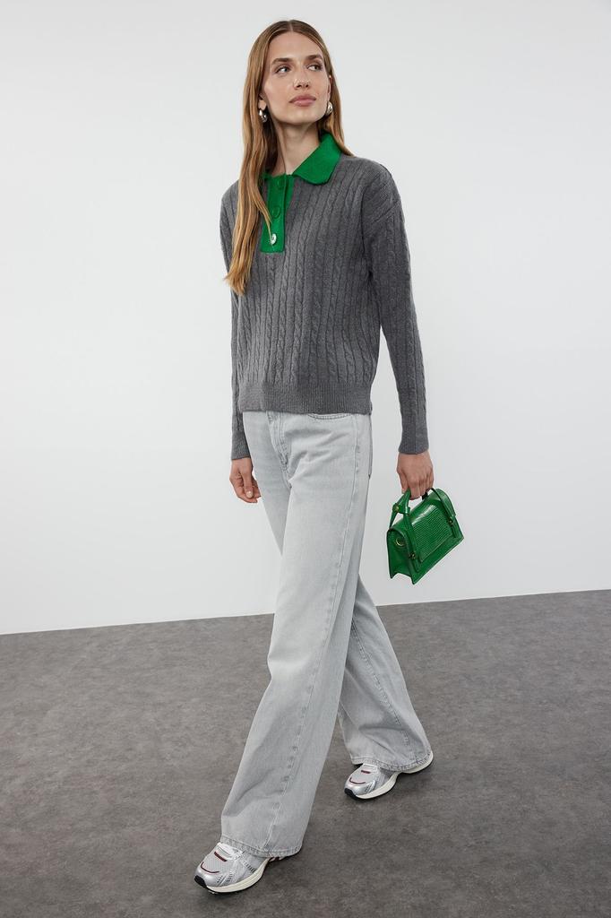 Women's Fashion Stylish Sweater Stone Soft Textured Polo Neck Color Blocked Knitwear Sweater