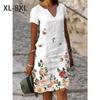 Women Plus Size Clothes 7XL 8XL White Green Summer Floral Print Dresses V Neck Short Sleeve Midi Straight Dress