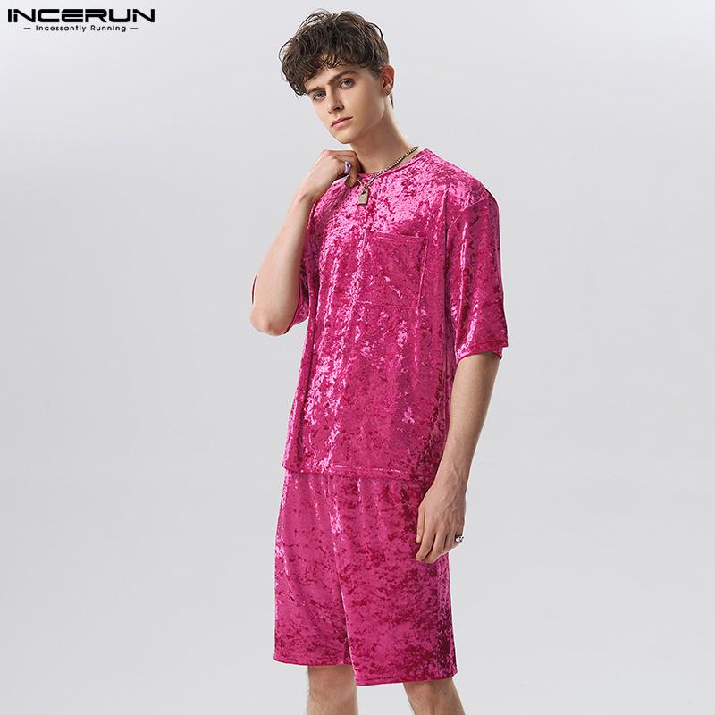 INCERUN Мужские комплекты из 2 предметов Pleuche с короткими рукавами, футболки и шорты, одежда для отдыха, свободный костюм