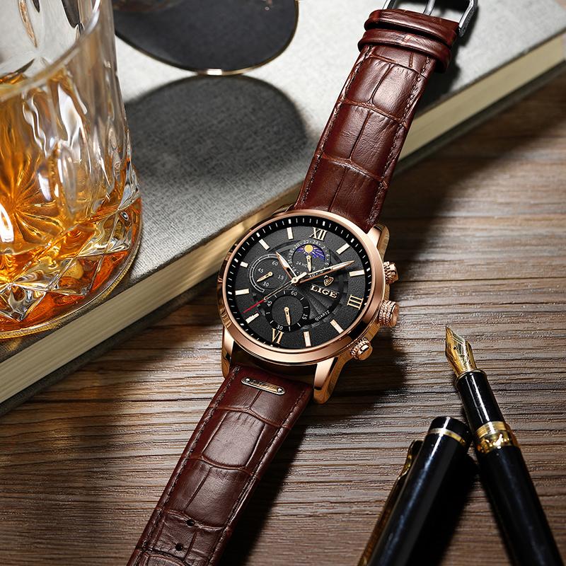 LIGE mens wristwatch Waterproof Luminous Moon phases military watches men Quartz Leather male watch Date sports watches for men