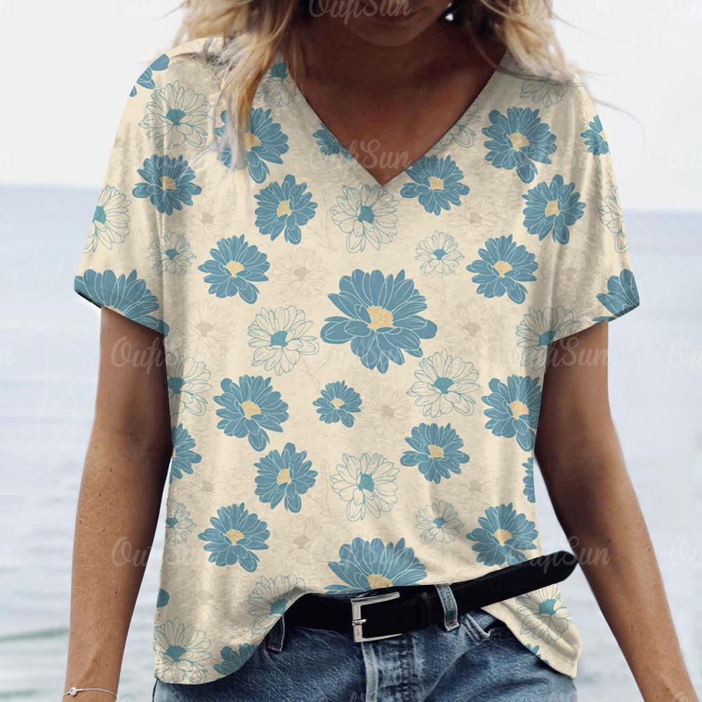 Новая футболка с принтом, летняя повседневная футболка с V-образным вырезом и короткими рукавами, женская свободная уличная мода, повседневная одежда, топ