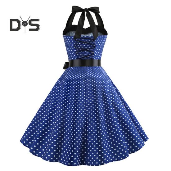Женское платье миди с бретелью через шею, шнуровкой, облегающим, с высокой талией, бантом, без рукавов, А-силуэта, свободным подолом, принтом в горошек, в стиле ретро 50-х 60-х годов, женское платье для выпускного вечера с открытой спиной