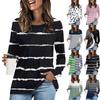 Women's Fashion Casual Pleated Round Neck Long Sleeve Striped T-Shirt Comfortable Top