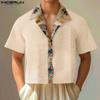 Men Stitching Vintage Print Short Sleeve Tops Casual Buttons Texture Cropped T-shirts