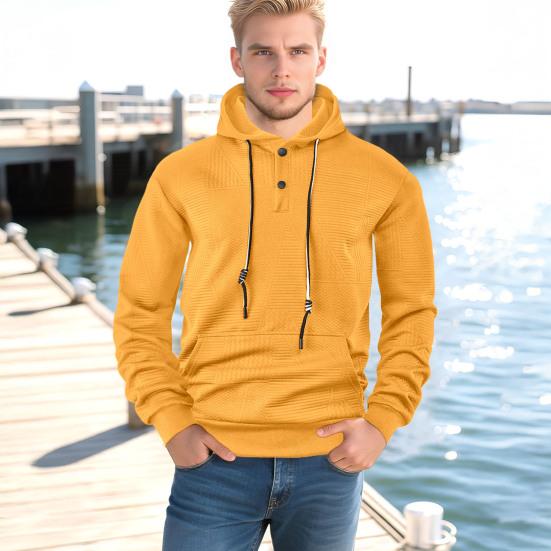Men Hoodie Jacquard Texture Hooded Drawstring Long Sleeve Pullover Tops with Front Pocket Solid Color Spring Autumn Tops