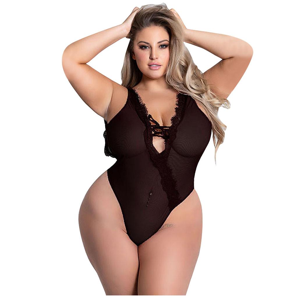 Women Plus Size Sexy Underwear Pajamas Lingerie Deep V-Neck Backless Bodysuit