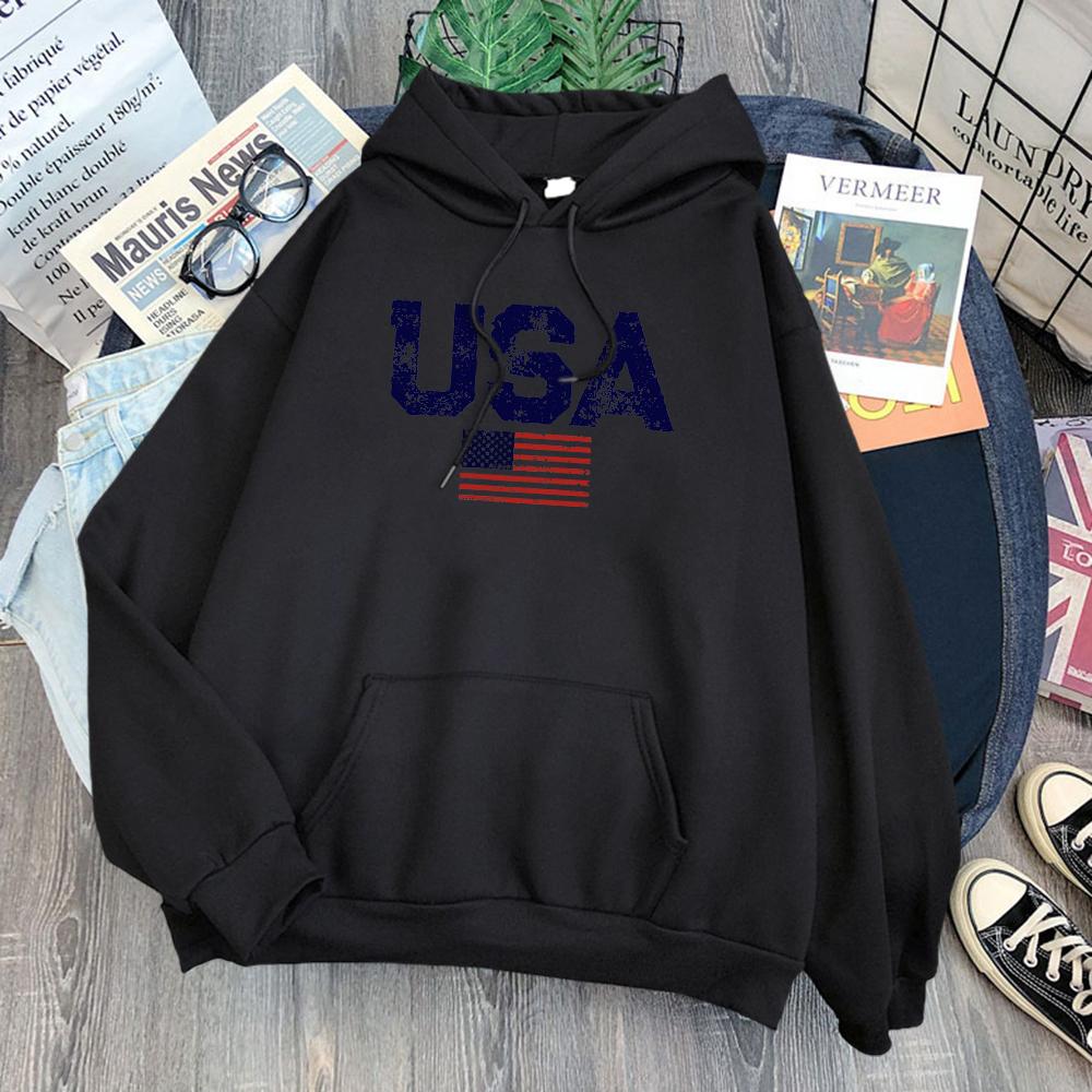 Usa Letters American Flag Stars And Stripes Mens Clothing Loose Crewneck Hoodie Autumn Pullover Hoodies Casual Pocket Sweatshirt