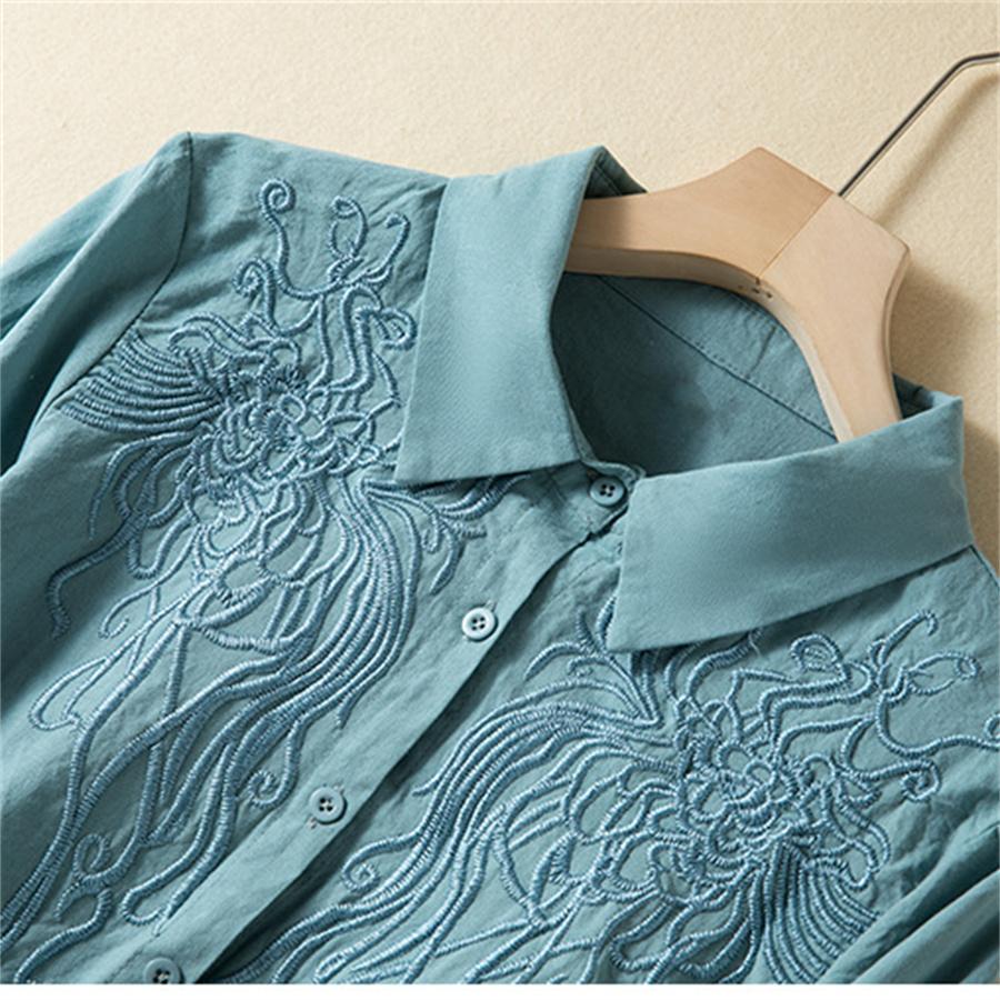 Хлопково-льняная блузка с вышивкой, однотонная весенне-осенняя рубашка на пуговицах, повседневный свободный топ с длинными рукавами с лацканами для женщин