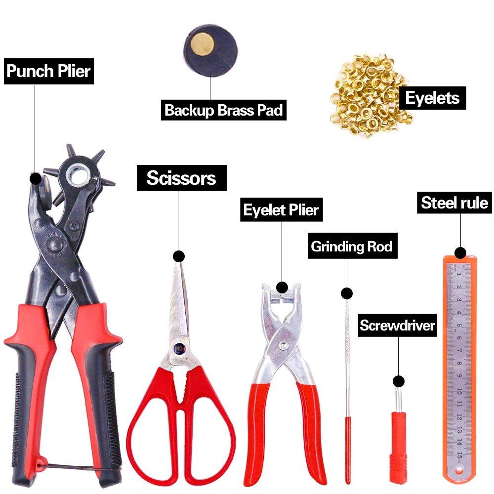 Glarks Heavy Duty Adjustable Metal Hole Punch Pliers Revolving Leather Belt Hole Punch with Eyelet Pliers Tool Kit for Belt, Watch Bands, Saddle,