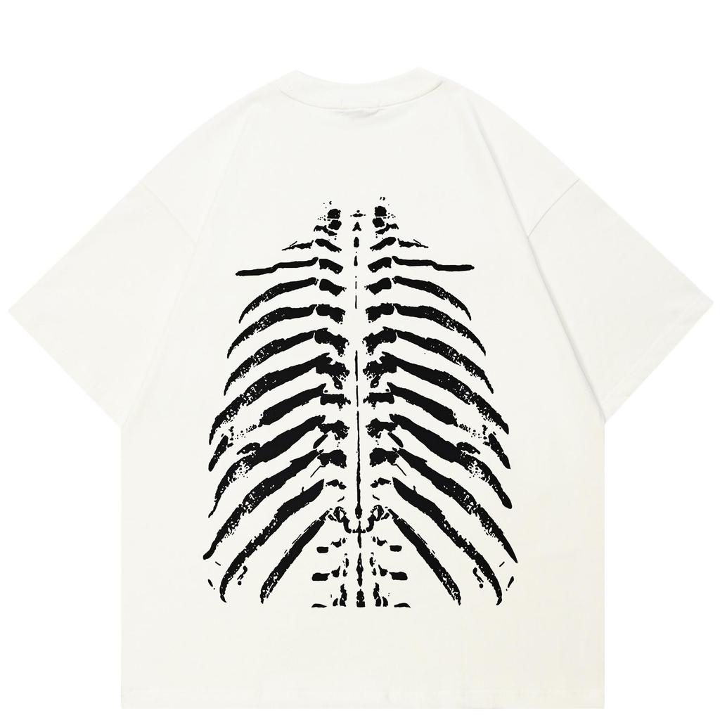 Halloween Bothsides Skeleton Graphic T-Shirt Cotton Washed Black Tshirt Unisex Tops Tees Summer Short Sleeves T Shirt