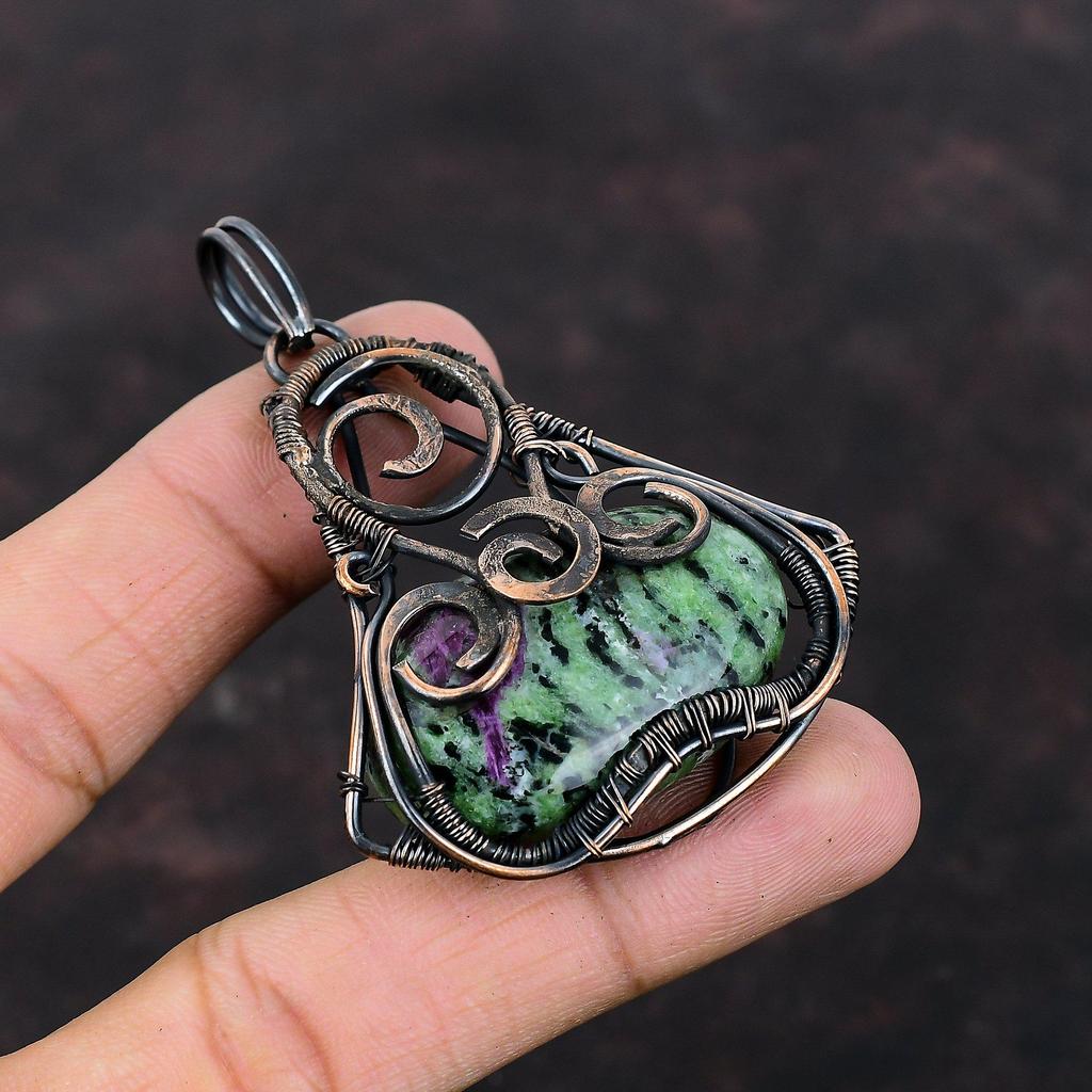 Подвеска из рубина и цоизита, подвеска из медной проволоки, свадебное украшение, подвеска из настоящего драгоценного камня, медная бижутерия, подвеска ручной работы, подарок на особый случай