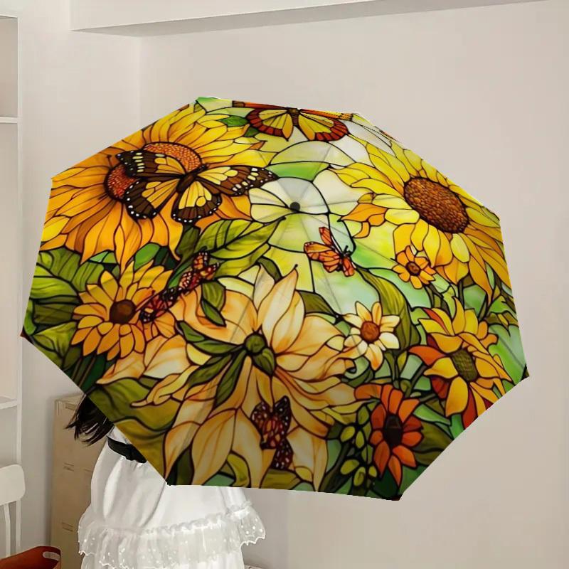1pc Stained Glass Sunflowers Butterflies Umbrella with Plastic Handle,Suitable for All Seasons Home Travel Outdoor UmbrellaDD882