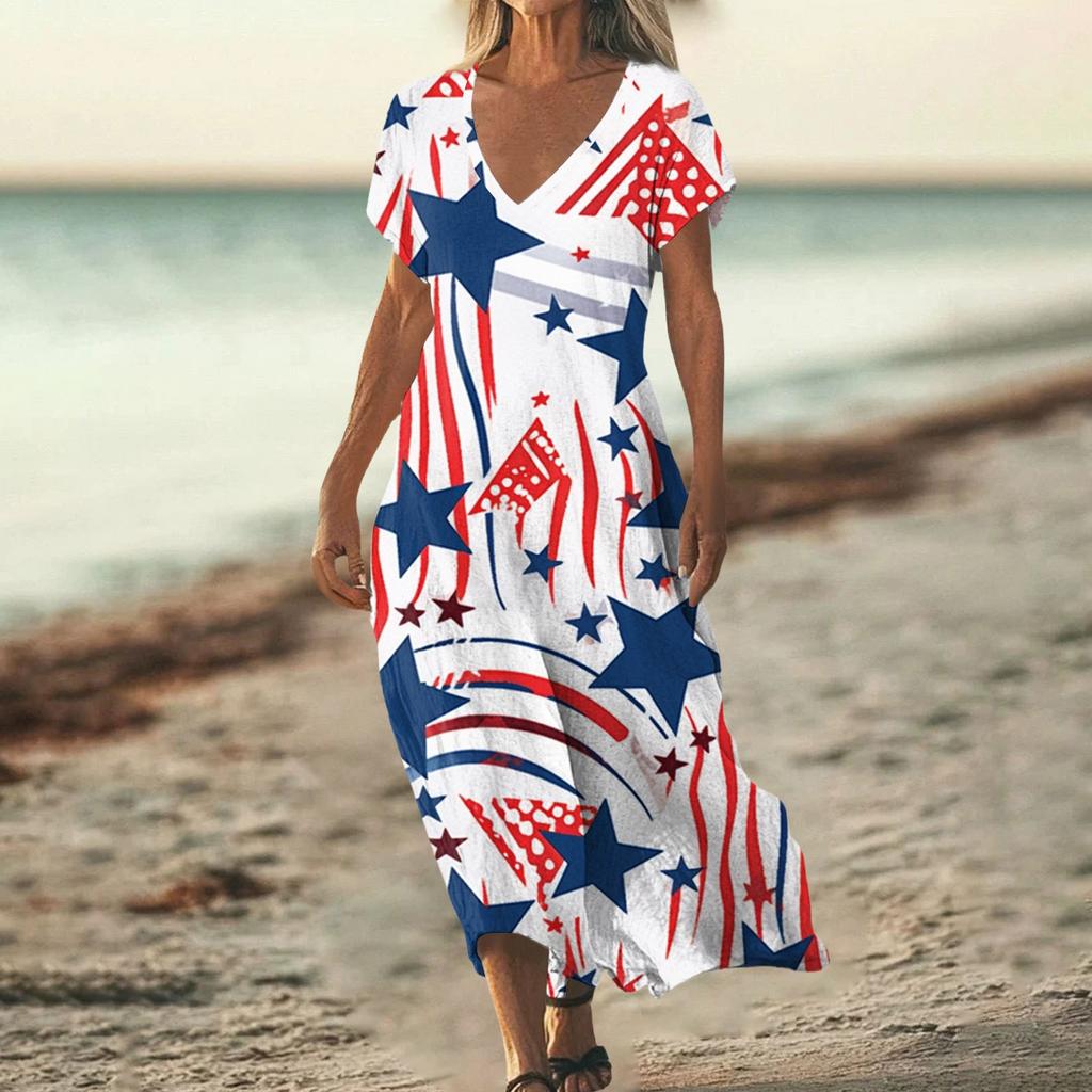 Flag Dress for Women 4Th Of July Dresses for Women Patriotic Dress Usa Dress with Star Print Loose Fit Summer Style