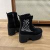 Women's Black Side Zipper Combat Boots Fashionable Lace Up Boots Platform Flower Embroidery Details Goth Shoes