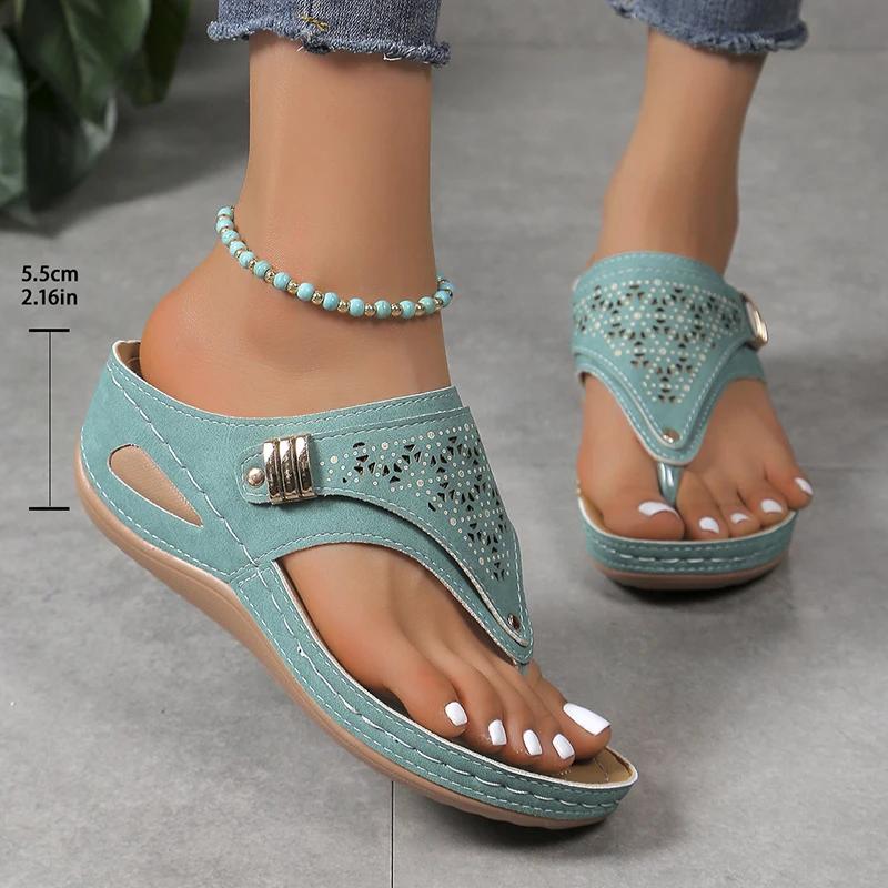 Модные легкие шлепанцы с вырезами на толстой подошве для женщин больших размеров, шлепанцы-клинья с перемычкой для пальца, женские винтажные летние сандалии с нескользящей подошвой Mujer