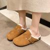 Classic British Style Winter Cover Head Slippers Womens Suede Plush Warm Buckle Belt Indoor Outdoor Wedges Mules Cotton Shoe