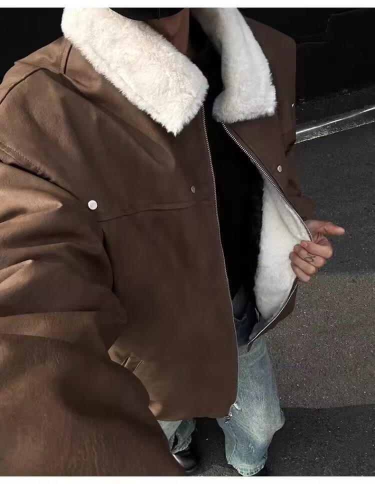 Мужской ретро-цельный пальто из шерсти ягненка тай-дай с бархатной подкладкой, отложным воротником и кожаными акцентами