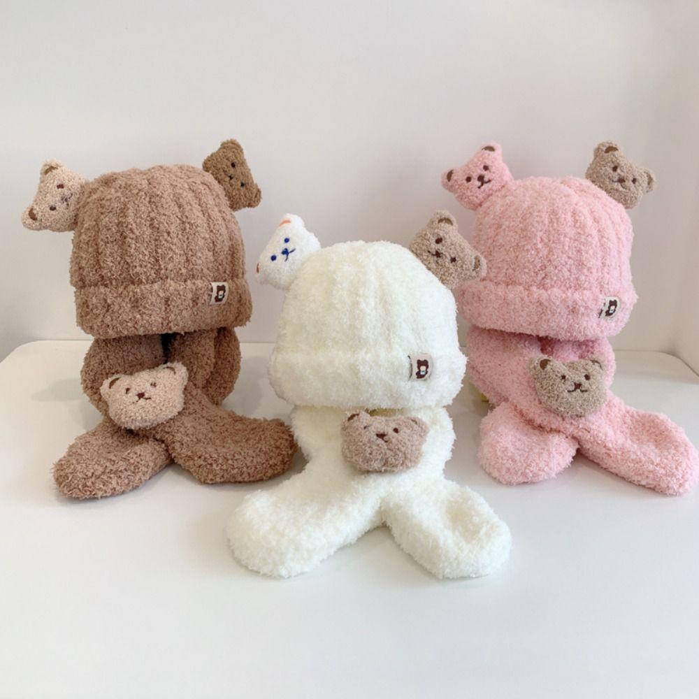 Korean Style Bear Scarf Hat Set Cute Kids Crochet Hat Children's Ear Protection Hat Outdoor