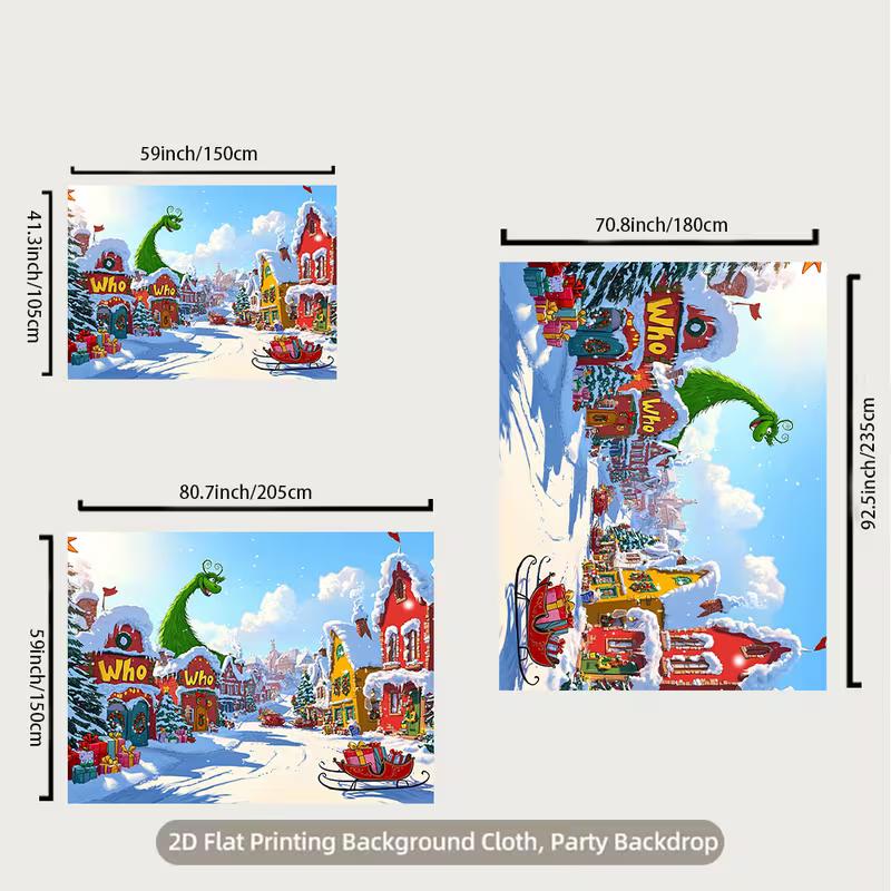 2D Flat Grinch Christmas Village Backdrop, Snowy Who-ville Party Photo Banner
