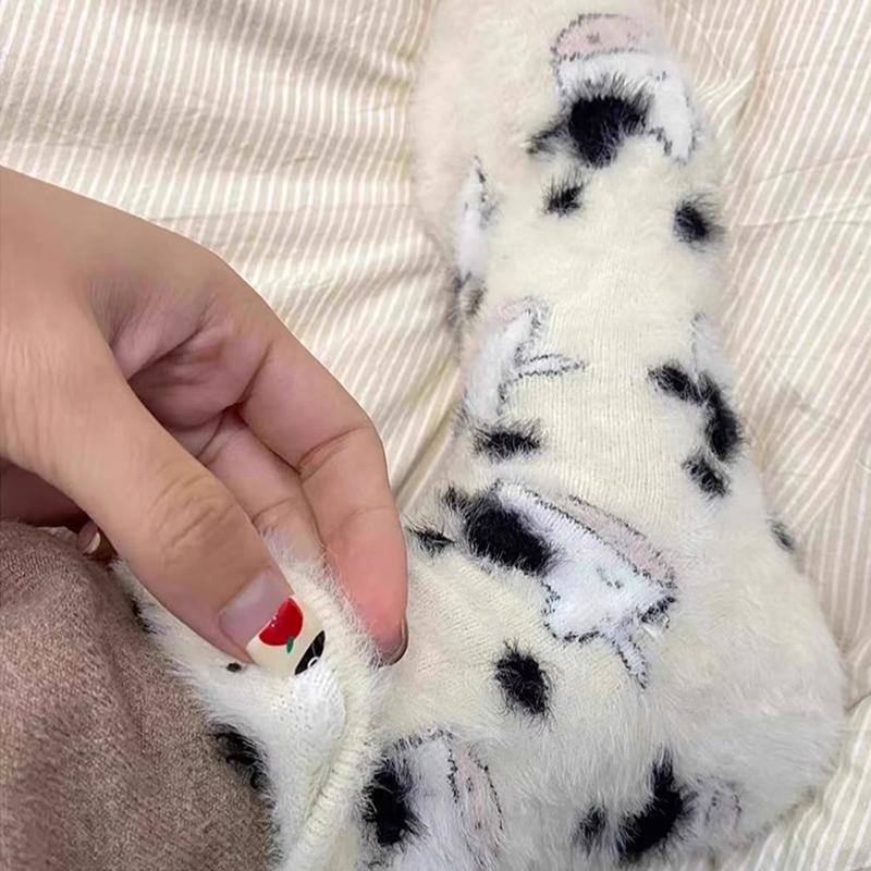 3 Pairs Cute Cow Spots Print Sock Thickened Warm Coral Fleece Women's Socks