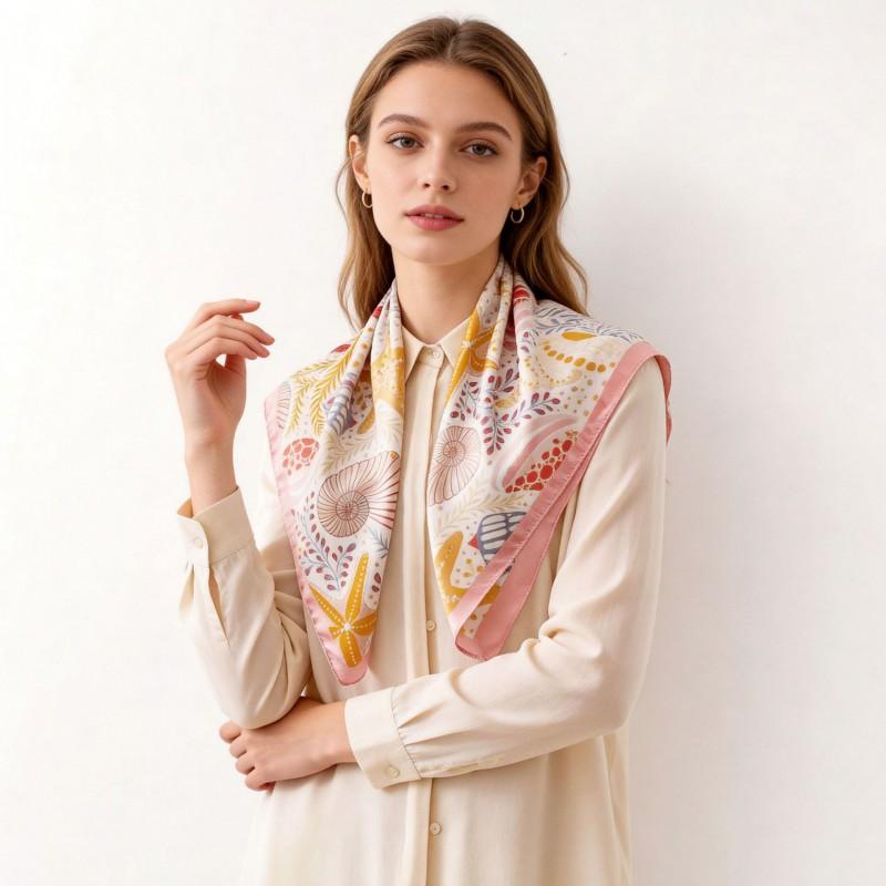 70x70cm Lightweight Silk-Look Square Scarf Women Floral Shell Print Versatile Neck Wrap Or Shawl Fashion Accessory