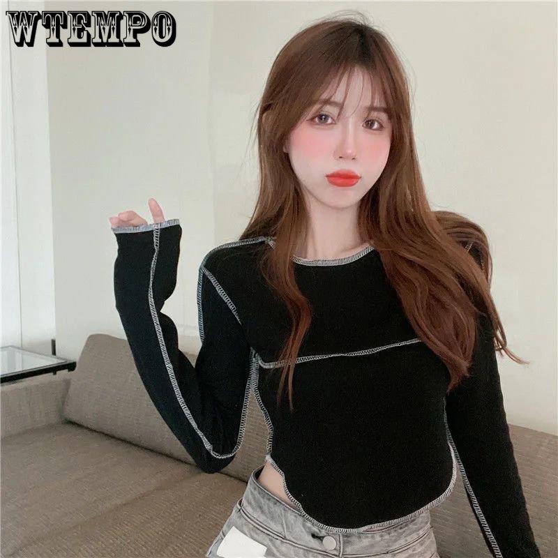 WTEMPO Футболки с длинным рукавом, женские узкие универсальные топы с круглым вырезом, женские однотонные корейские классические весенние повседневные базовые популярные футболки