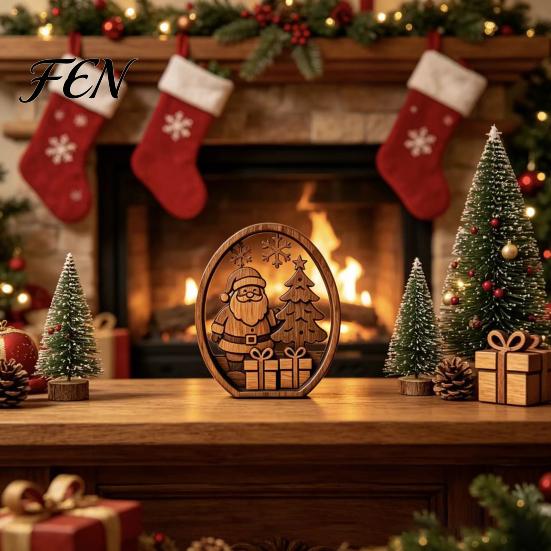 Desktop Standing Xmas Ornaments 3Pcs Christmas Santa Claus And Tree Ornaments, Wooden Oval Table Rustic Tabletop Decor Centerpiece, Solid Wood