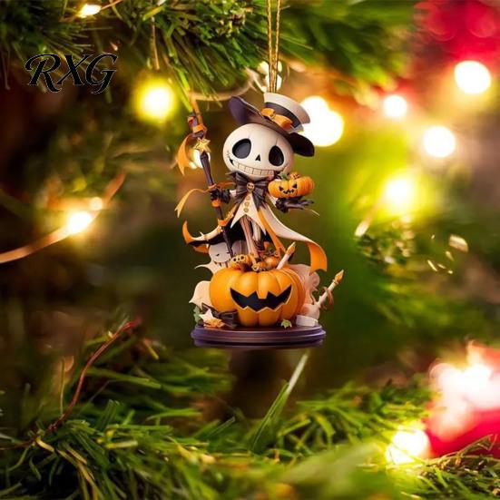 Acrylic Skeleton Auto Pendant Halloween Car Rearview Mirror Charm, 2D Flat Hanging Pumpkin Interior Decorations Pendant, Spooky Skull Ghost