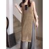 Fashion Sleeveless Knitted Thin Women Cover Up O-neck Casual Loose Dress Hollow Out Split Blouse Solid Color Elegant Summer Tops Long Shirts
