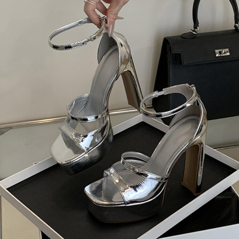 Liyke Summer Fashion Zip Cover Strap Women Platform Sandals Cozy Patent Leather Chunky High Heels For Woman Party Dress Shoes