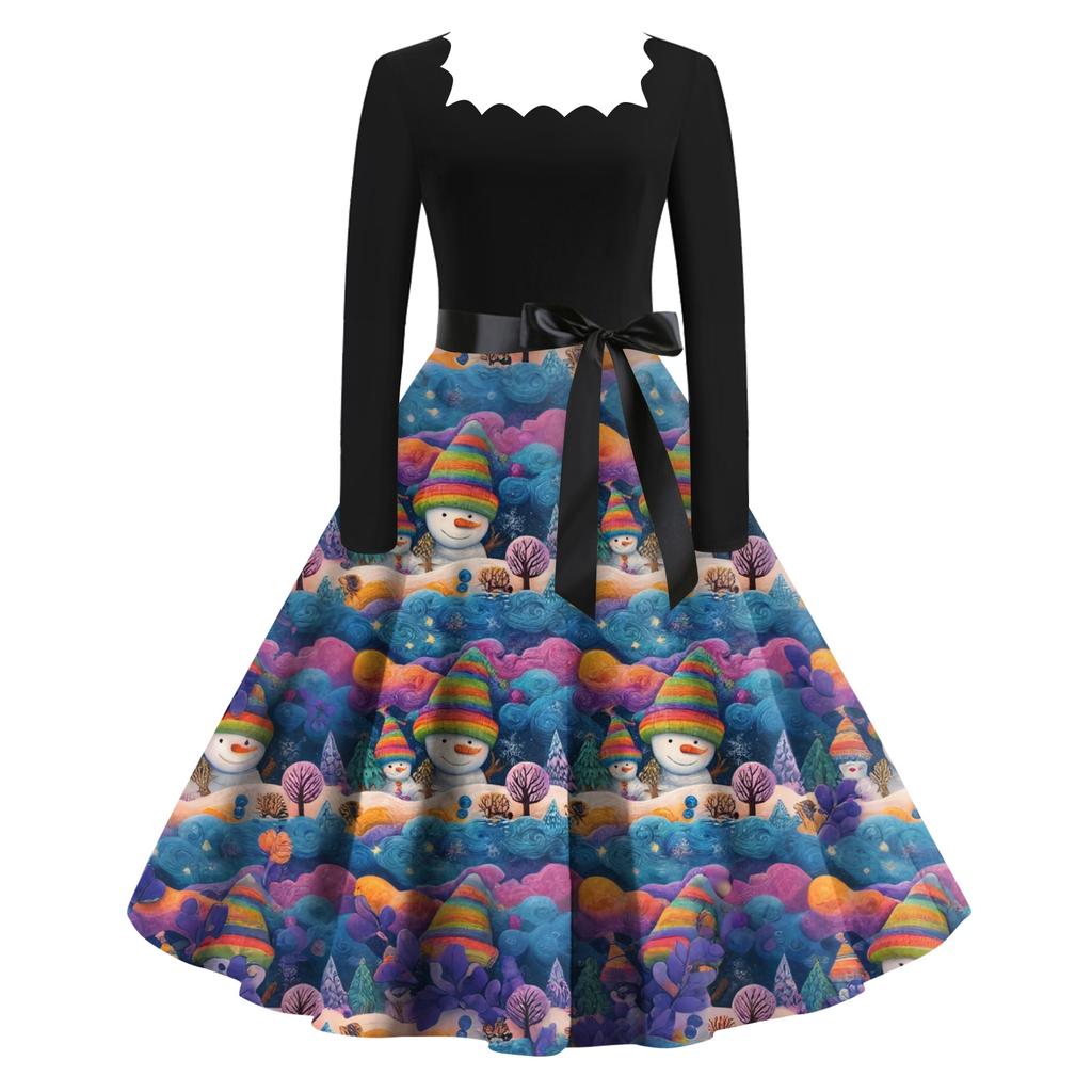 Женское модное ретро вечернее платье с длинным рукавом, квадратным вырезом и рождественским принтом