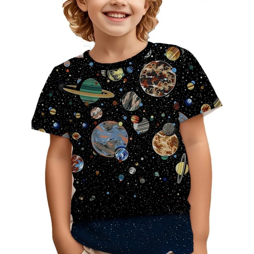 Children's clothing T-shirt, boys' moon pattern 3D printing, streetwear, short sleeved top, children's quick drying T-shirt