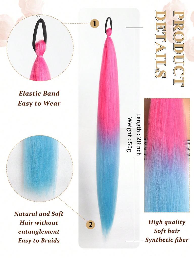 Synthetic Ponytail 1 Pack Braid Extension, Full of Color Ponytail Extension, with Elastic Tie Straight Tube Sleek Wrap Extension Hair
