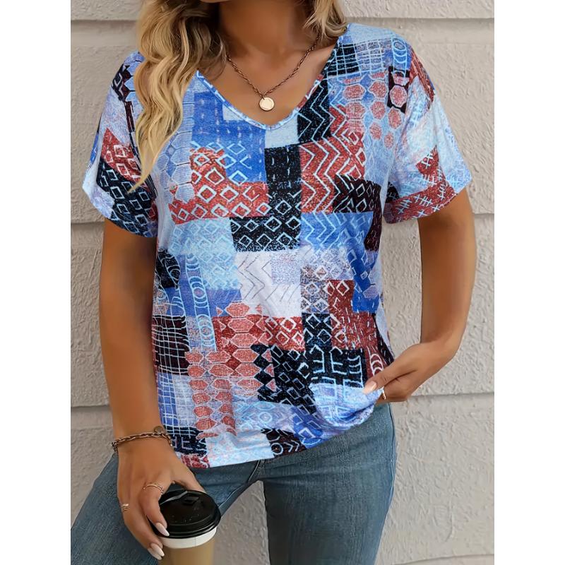 Футболка большого размера с V-образным вырезом и коротким рукавом, клетчатый принт, для весны и лета, женская одежда