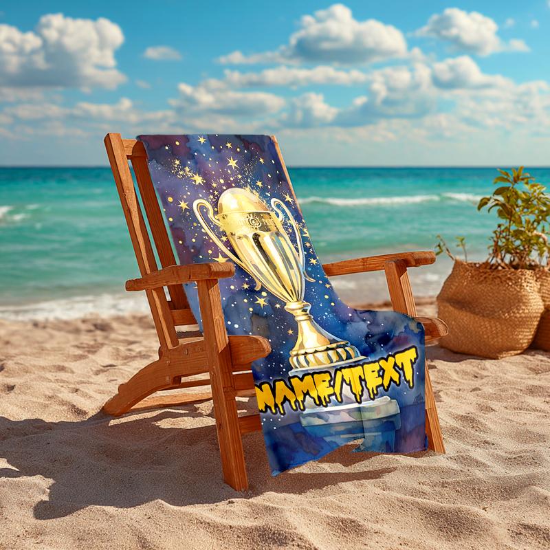 1PC Custom Name Golden Trophy Celebration Beach Towel Highly Absorbent And Sand-Resistant Towel for Swimming, Pool, Yoga, And Travel Lightweight