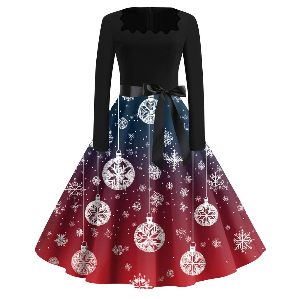 Women's Fashion Casual Square Neck Slim Christmas Printed Long Sleeve Dresses