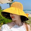 1 шт. Стильная соломенная шляпа с большими полями, солнцезащитный головной убор, ажурная УФ-защита, бант, ручная работа, крючком, солнцезащитная кепка