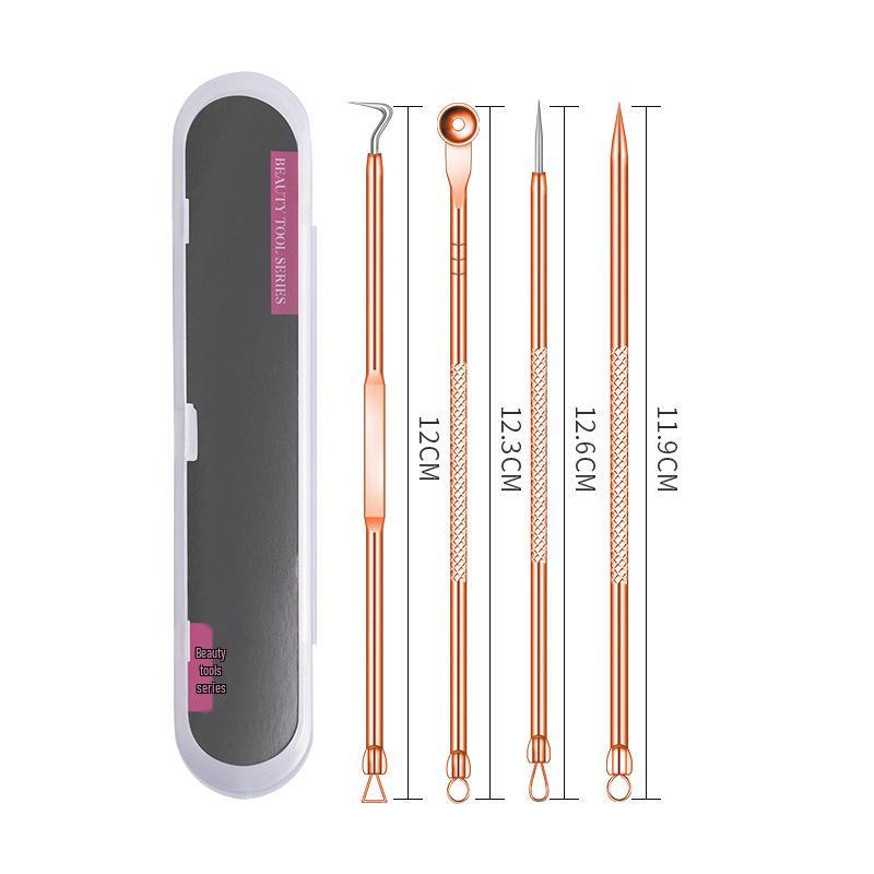 Rose Gold Stainless Steel Blackhead Remover & Pimple Extractor Set - Four-Piece Double-Ended Makeup Kit