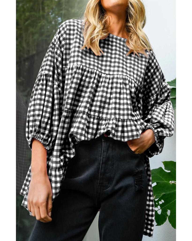 Azura Exchange Черная клетчатая свободная блузка Babydoll с рукавами-фонариками