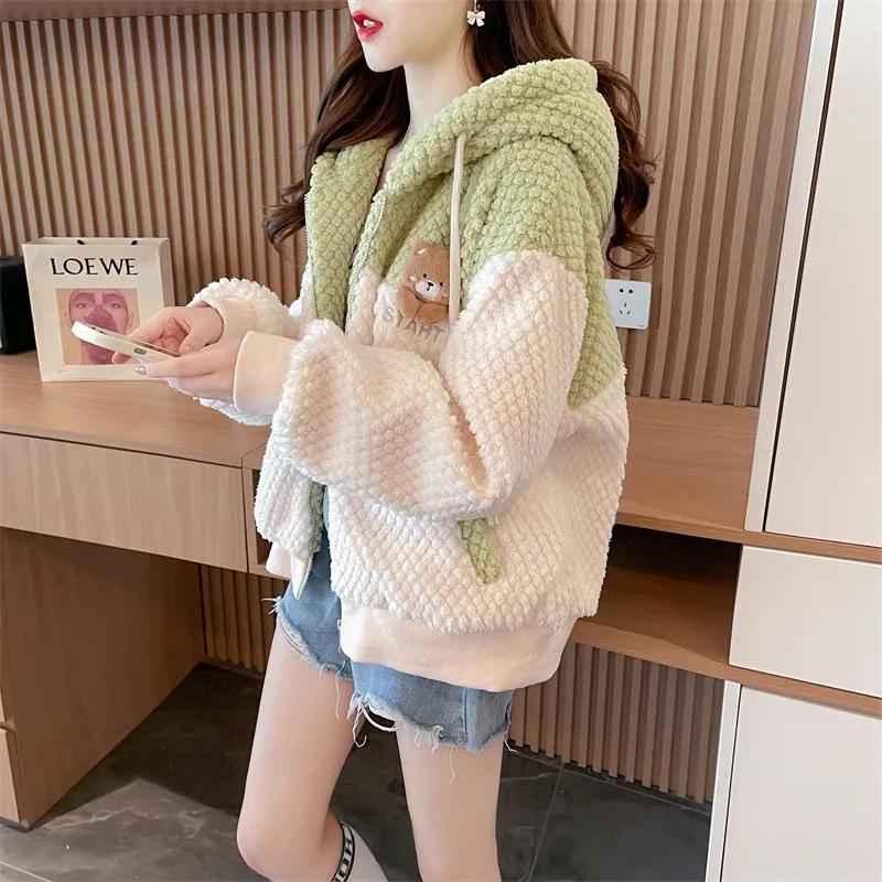 Новая двухцветная зимняя куртка оверсайз на молнии с флисовой подкладкой, утолщенный двойной флис, женский топ