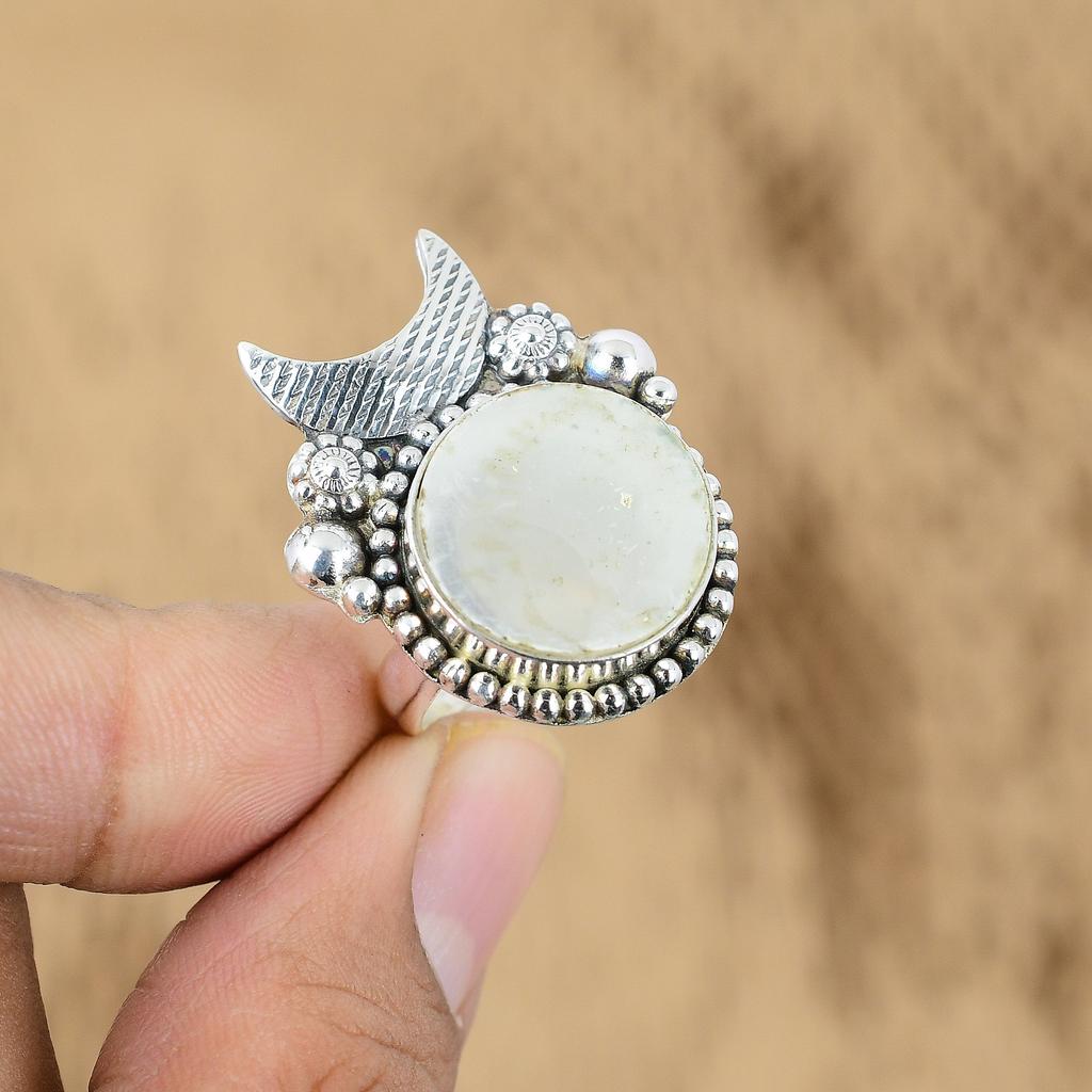 925 Silver Natural Mother Of Pearl Multi Stone Cresent Moon Adjustable Ring