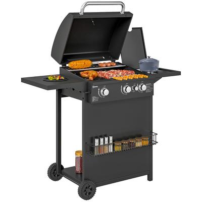 Gas Barbecue, 3+1 Burners, Steel, 9.5 kW, 2 Cooking Grates, Side Shelves, 2 Wheels, Black
