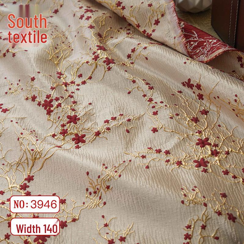 Elegant Women's Dress with Gold Embossed Thread and Red Floral Jacquard Fabric