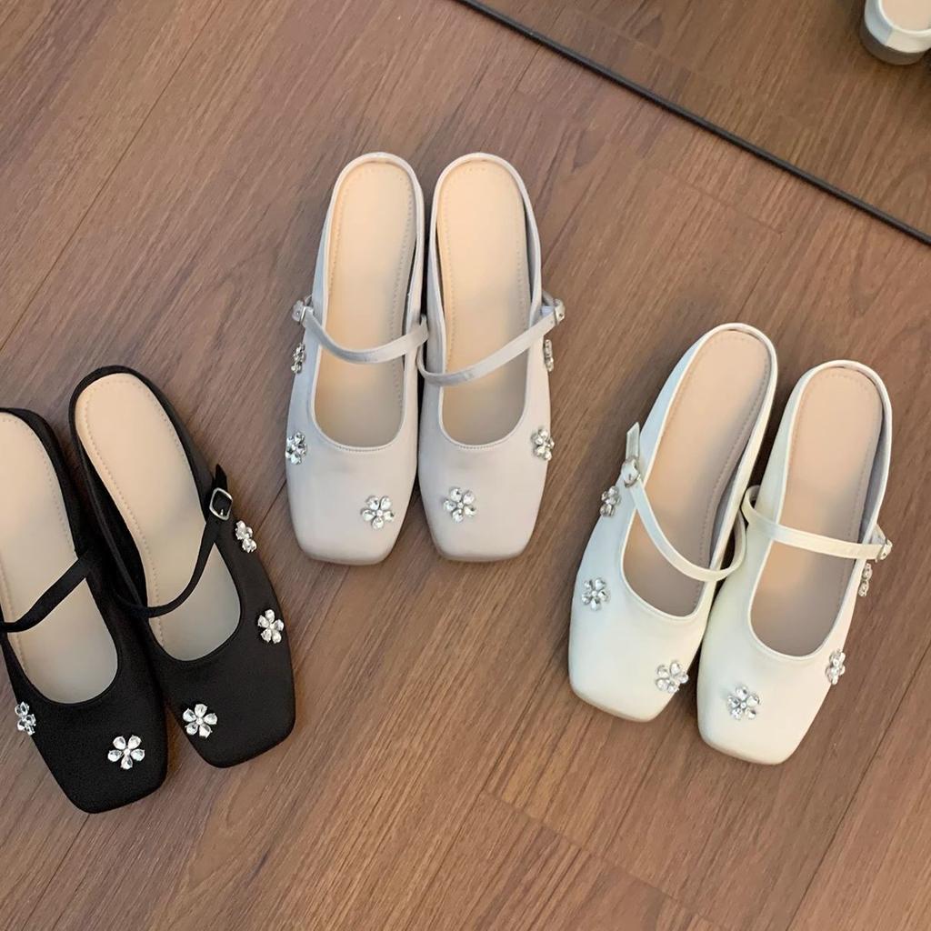 2025 Summer New French Niche Bag Head Low Heel Half Slippers Women's Outer Wear with Skirt Gentle Single Shoes Mary Jane