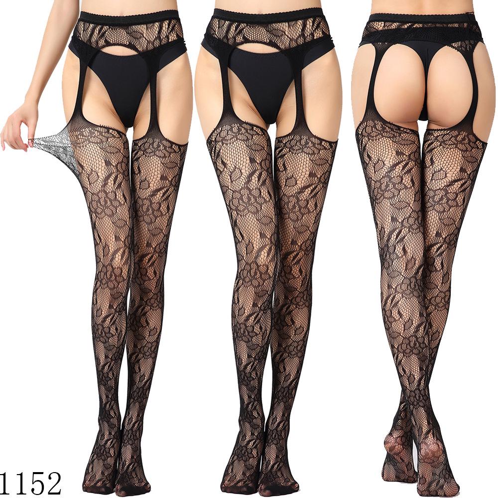 Sexy Elastic Fishnet Stockings with Garter Belt - Women's Open Crotch Fine Mesh Anti-Slip