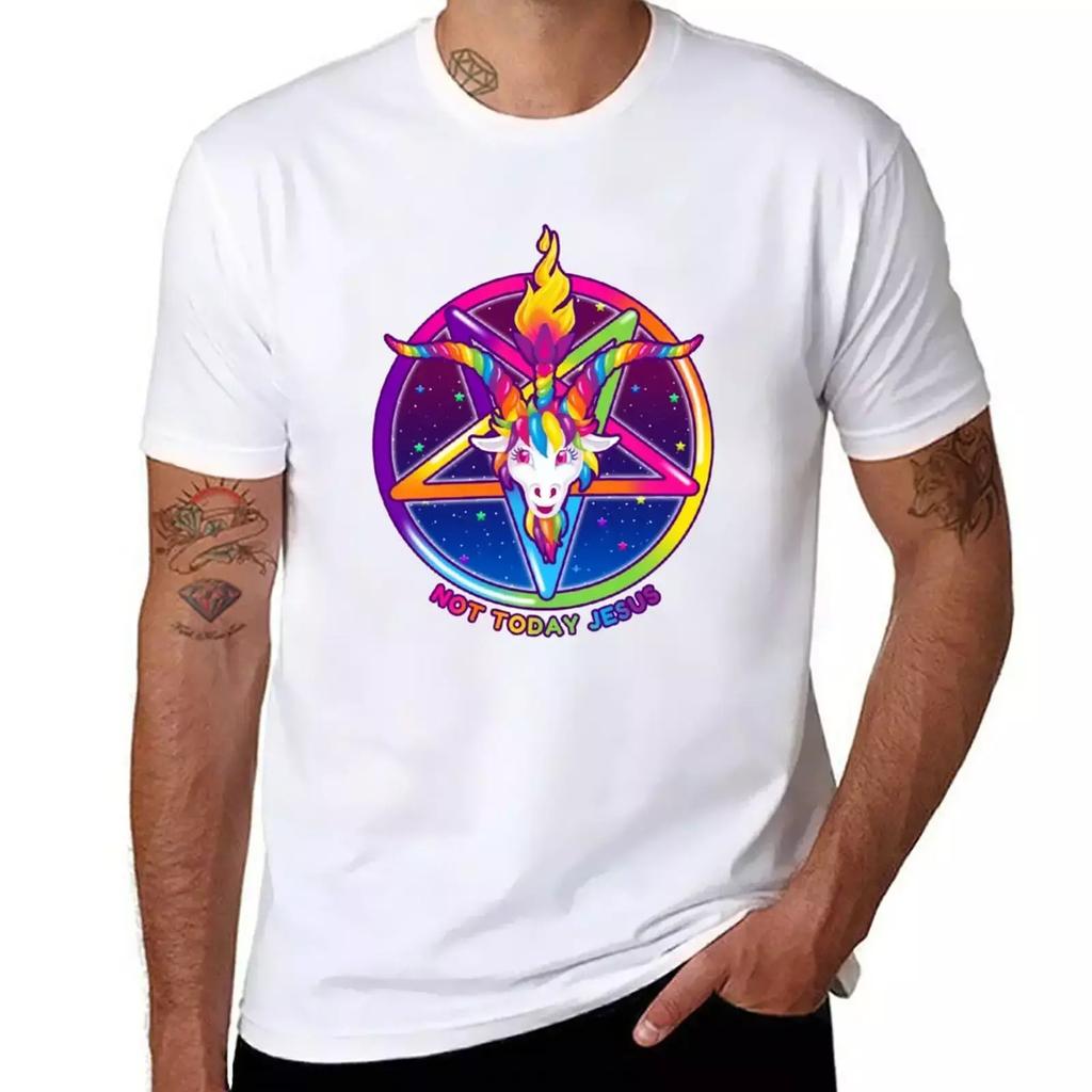 1997 Rainbow Neon Goat Head Pentagram Not Today Jesus T-Shirt plain boys animal print summer top t shirts men