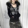 VAYLA Y2k Fur Patchwork Grunge Hoodies Women Streetwear Vintage Harajuku Gothic Print Hooded Sweatshirt Coat Aesthetic Slim Jacket